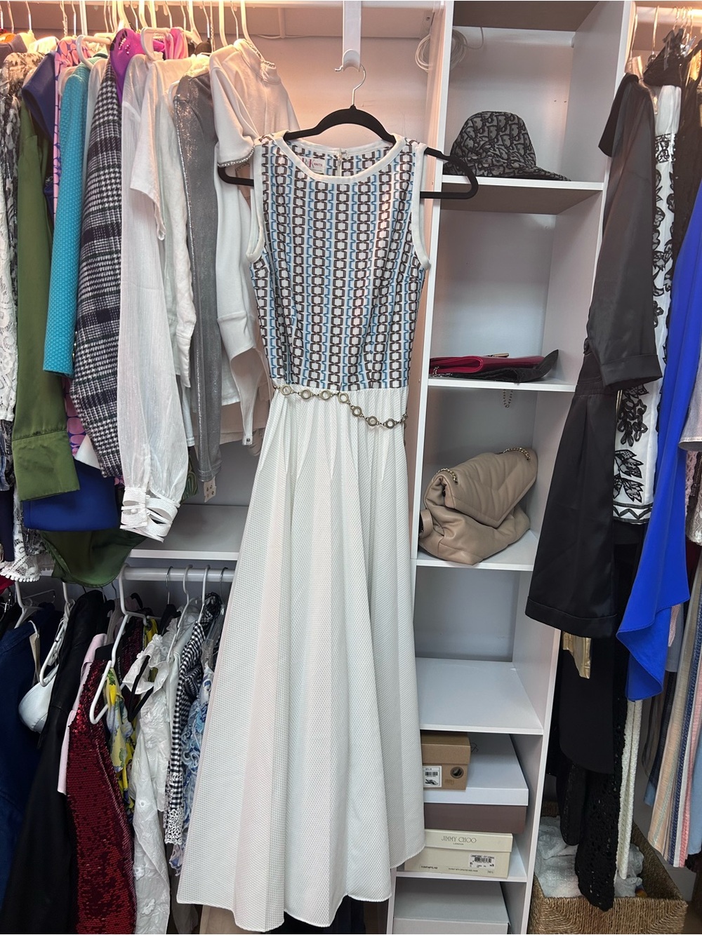 Sleeveless White Maxi Dress with Patterned Bodice